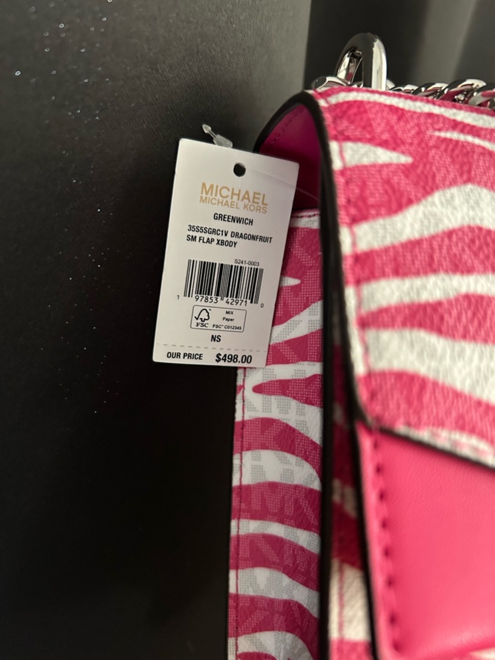 NWT $498 Michael Kors Pink GREENWICH Zebra-Print Leather MK LOGO Crossbody - Picture 7 of 11